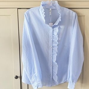 ePretty Blue & White Seersucker Ruffle Blouse – Size M – NWT- Fast Shipping!